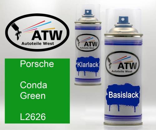 Porsche, Conda Green, L2626: 400ml Sprühdose + 400ml Klarlack - Set, von ATW Autoteile West.